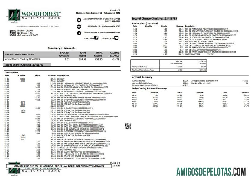 Exemplo de extrato do Banco Nacional Woodforest da Austrália